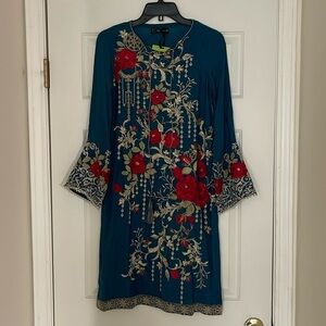 NWT - Zellbury - Pakistani Floral Embroidered Dress in Teal and Red - XS